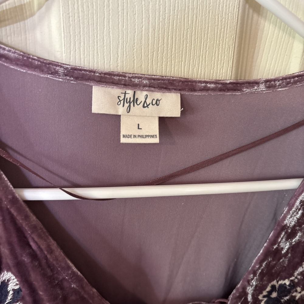 Style & Co Womens Crushed Velvet Peasant Top Large Purple Babydoll Embroidered